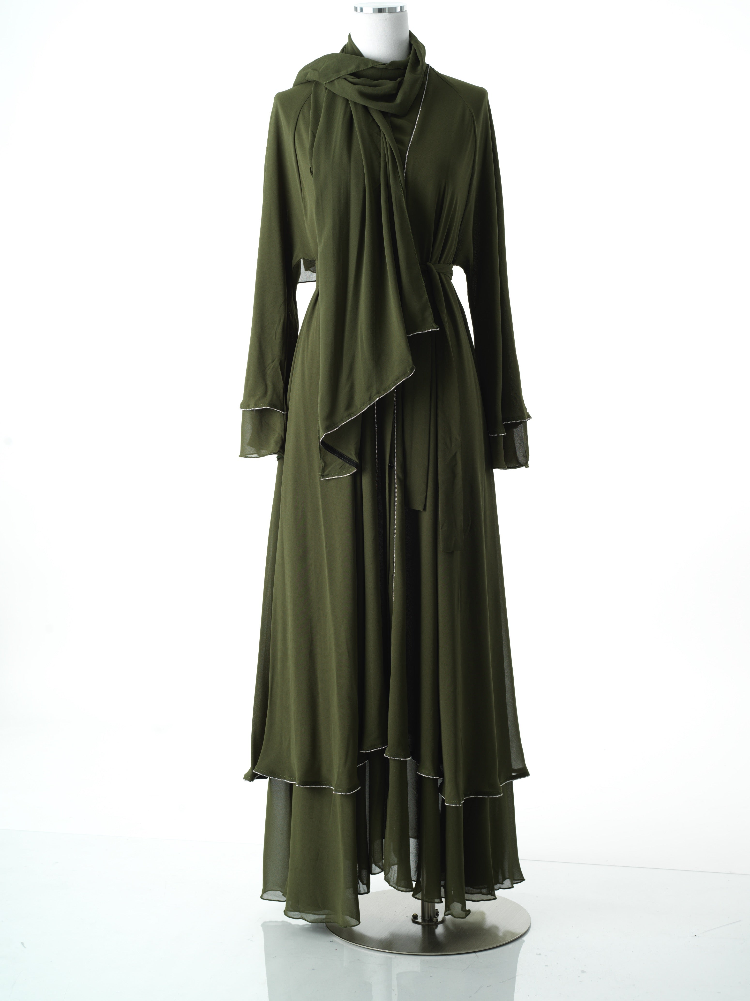 Olive tiered chiffon abaya Kabayare