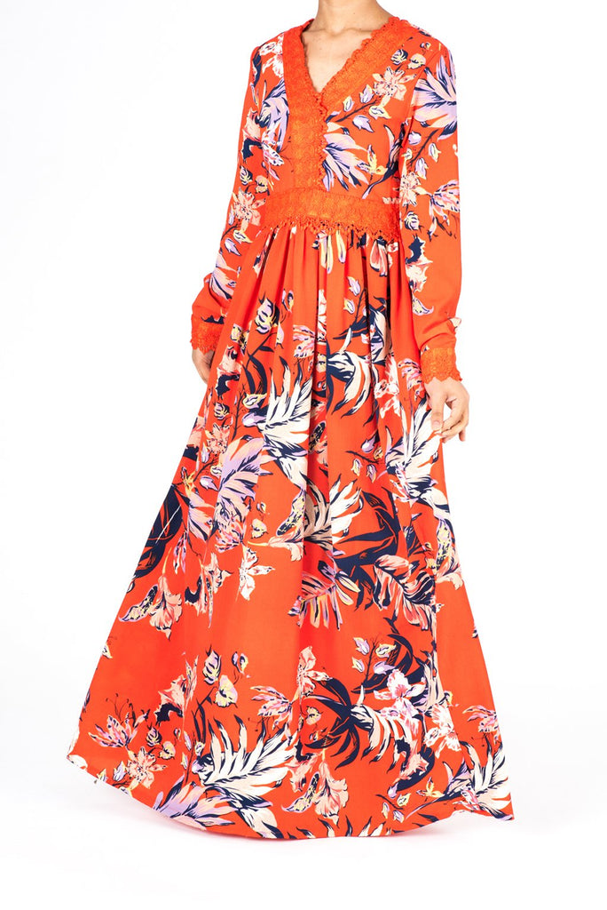 Orange Floral Print Lace-Up Maxi Dress Kabayare