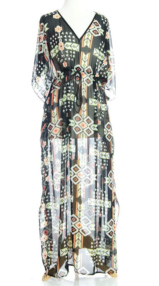 Orange Tribal Maze Kimono Maxi Dress Kabayare