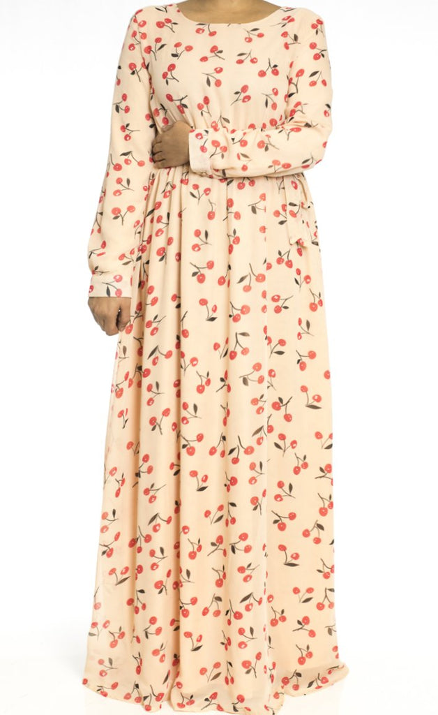 Peach Cherries Print Dress Kabayare