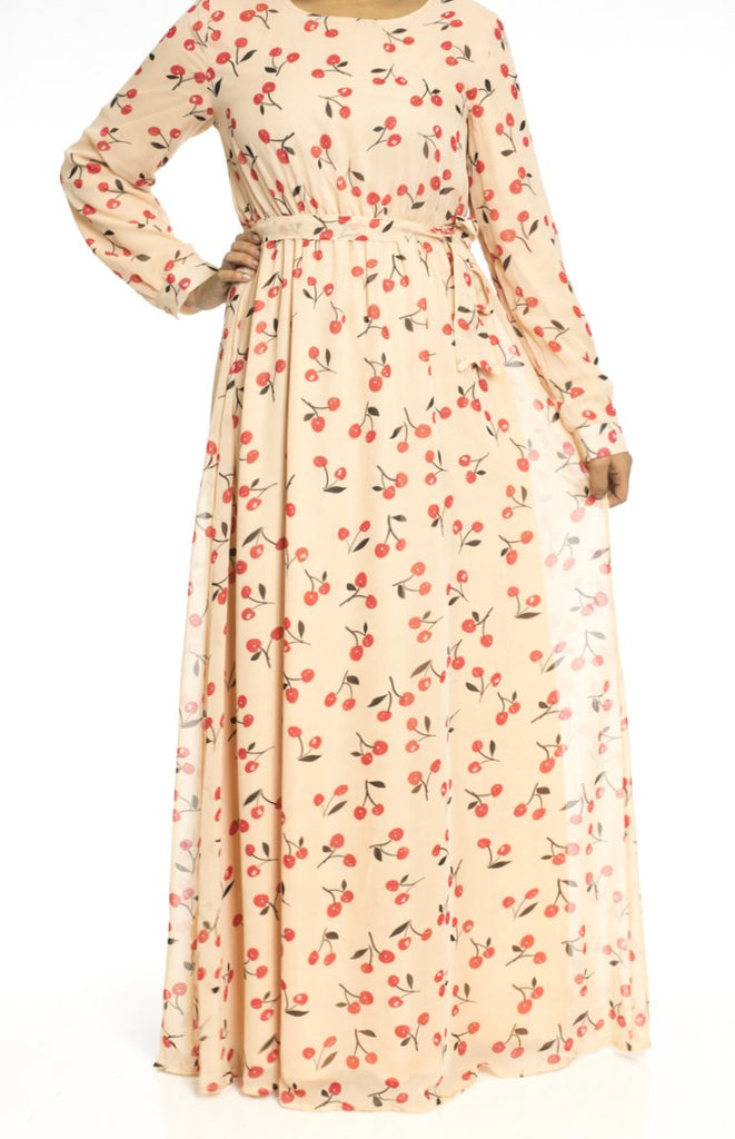Peach Cherries Print Dress Kabayare