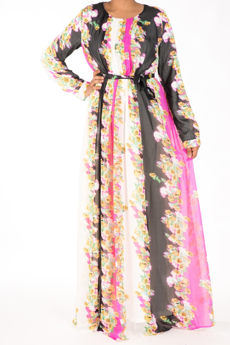Pink vertical floras chiffon dress Kabayare