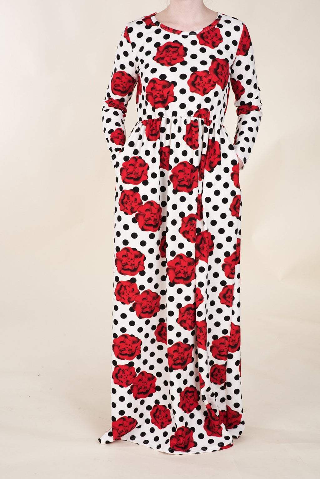 Polka Dot and Roses Textured Print Dress Kabayare