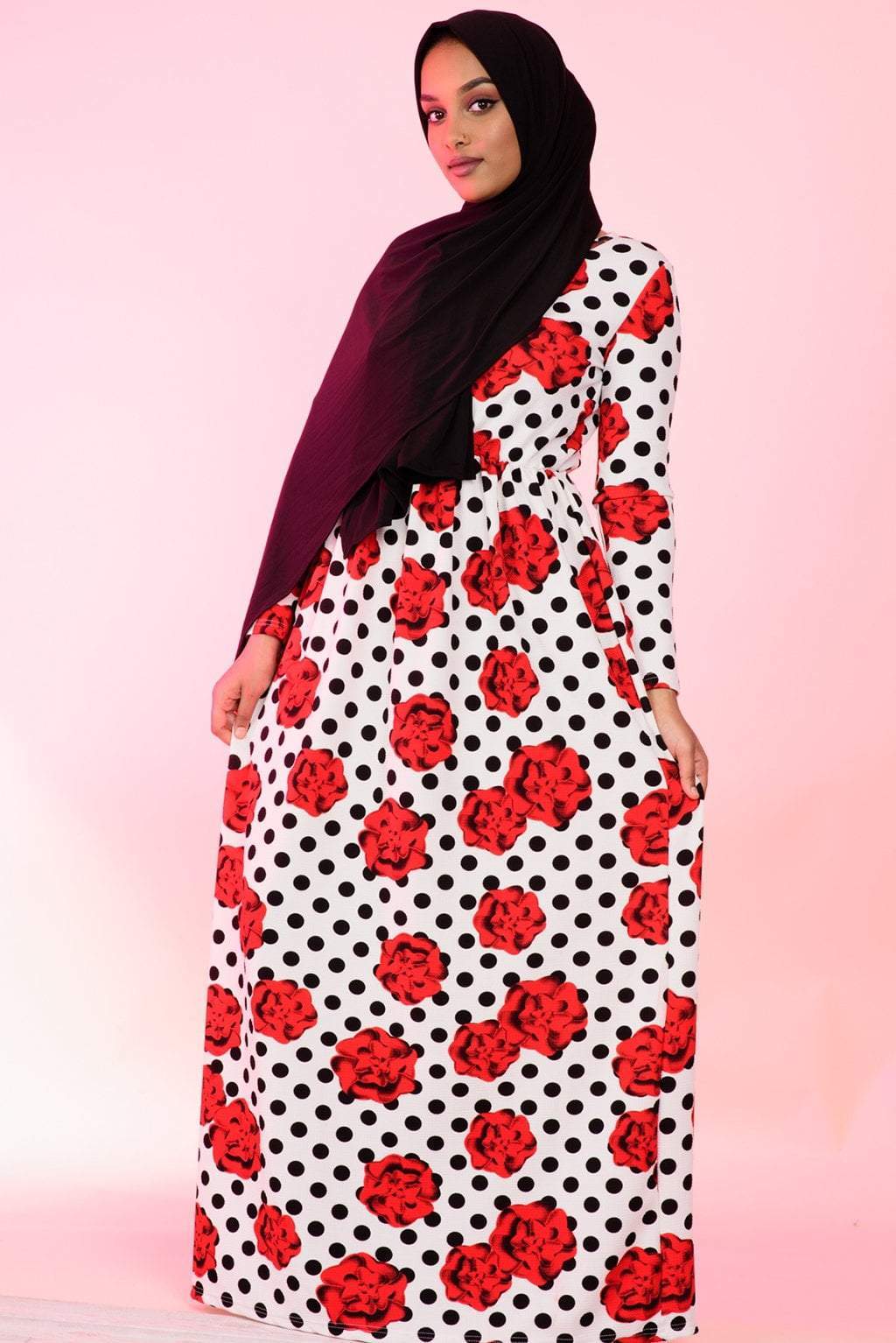 Polka Dot and Roses Textured Print Dress Kabayare