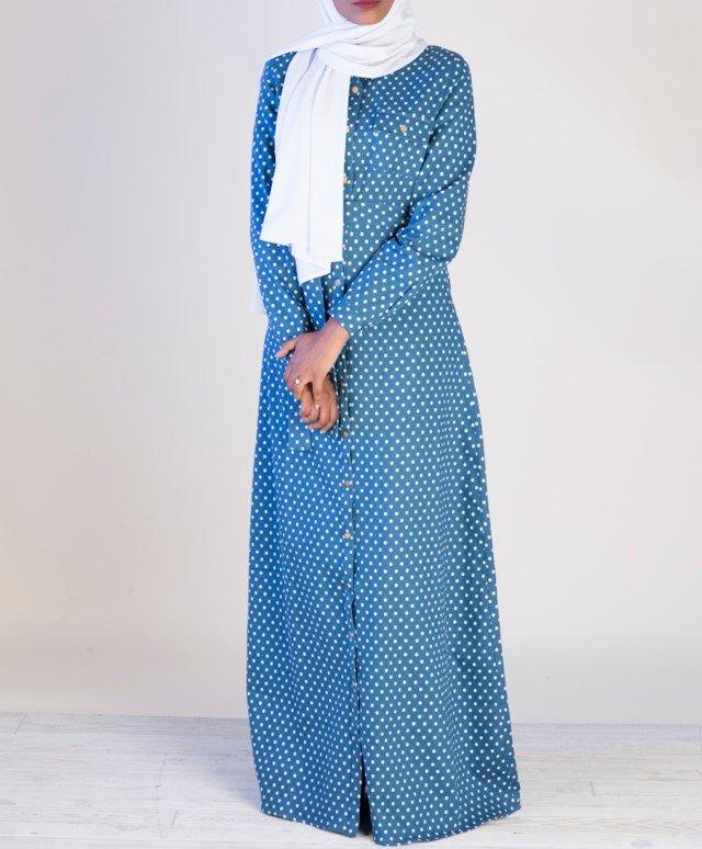 Polka Dot Denim Button Maxi Dress Kabayare