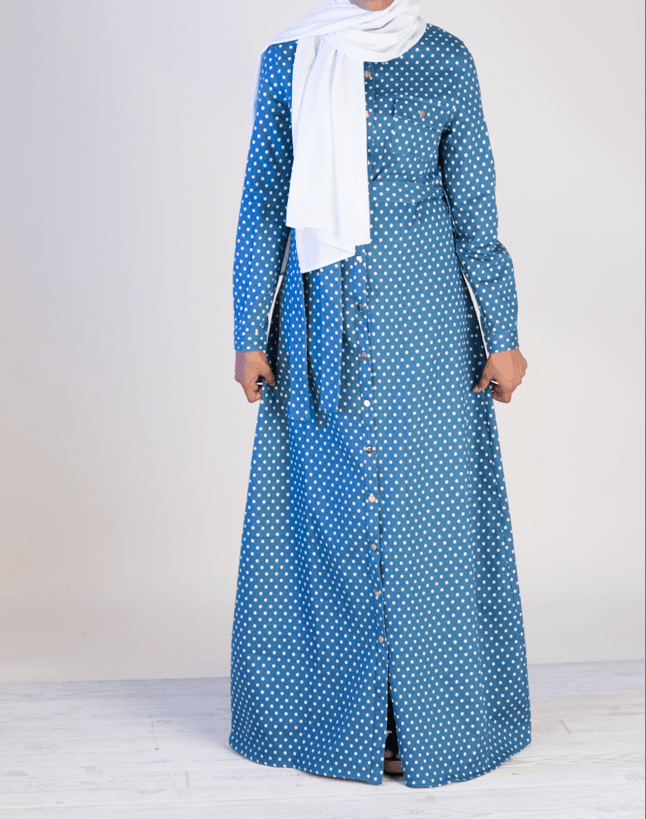 Polka Dot Denim Button Maxi Dress Kabayare