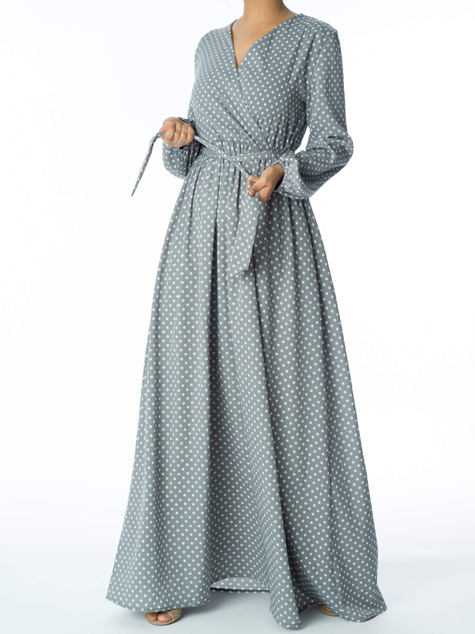 Polka Dots v-neck long sleeve maxi dress Kabayare