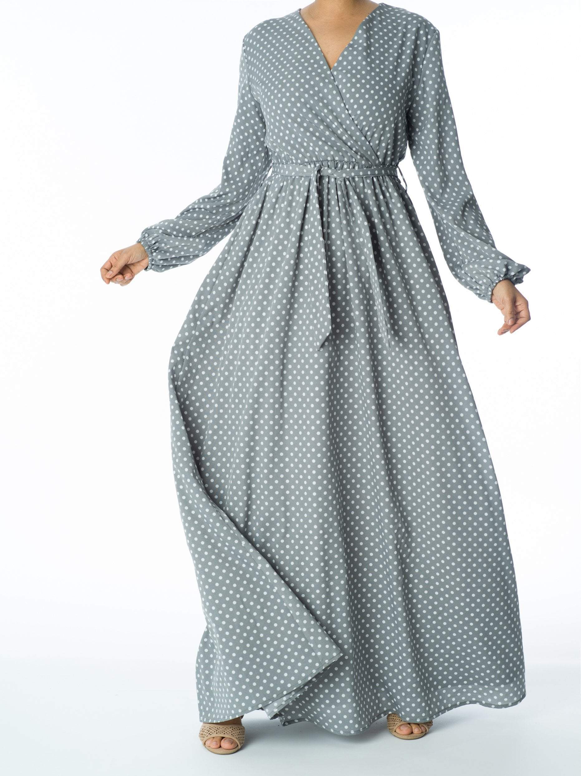 Polka Dots v-neck long sleeve maxi dress Kabayare