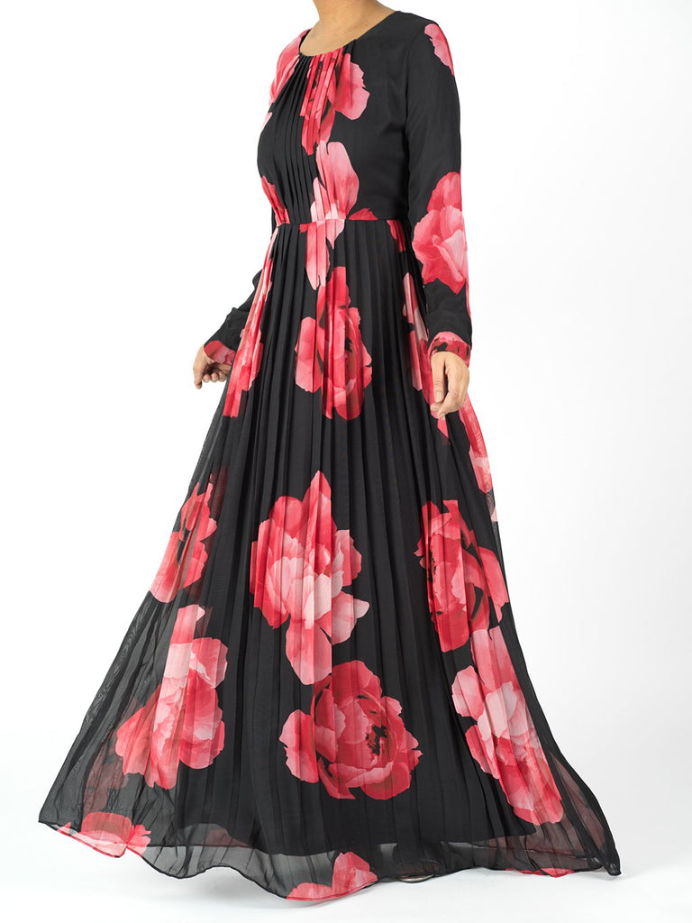 Red Anisa Pleated Floral Maxi dress Kabayare