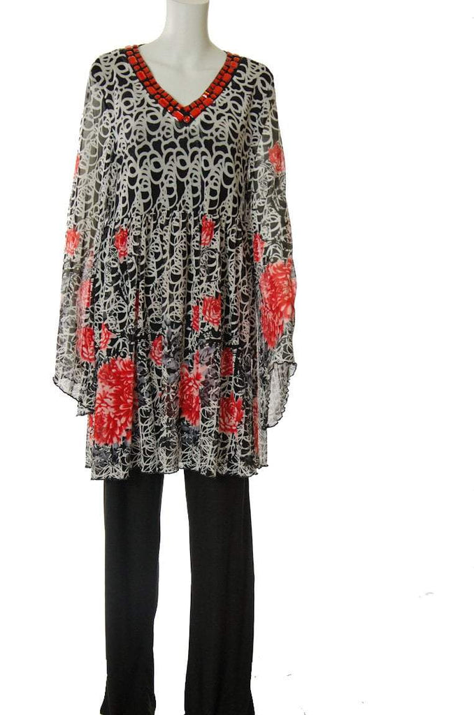 Red Floral Lacey Tunic Set Kabayare