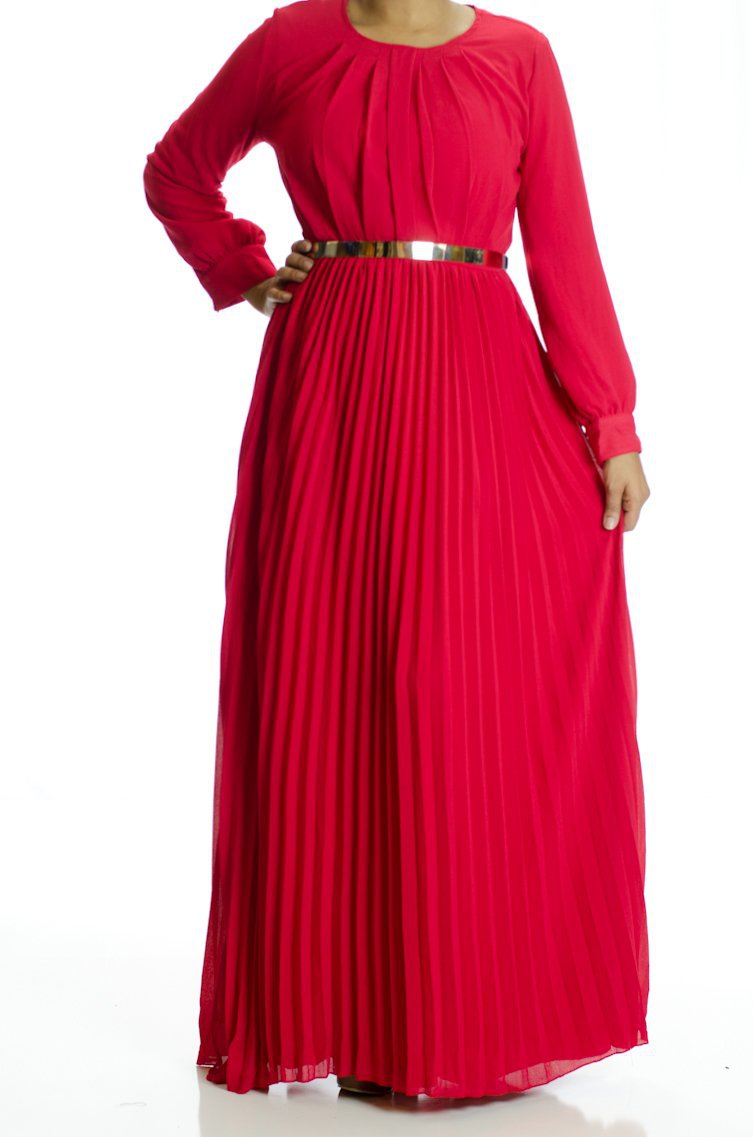 Red French Pleats Maxi Dress Kabayare