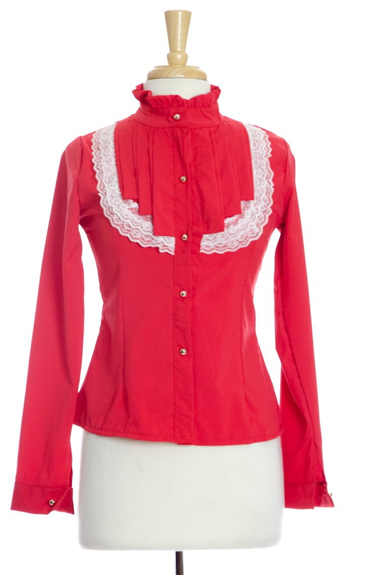 Red Lace Long Sleeve Ruffle Shirt Kabayare