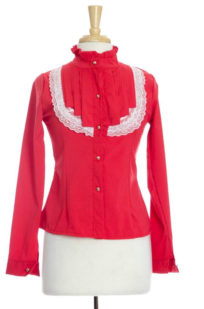 Red Lace Long Sleeve Ruffle Shirt Kabayare