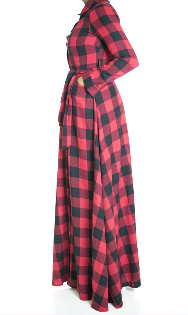 Red Plaid Maxi Dress Kabayare