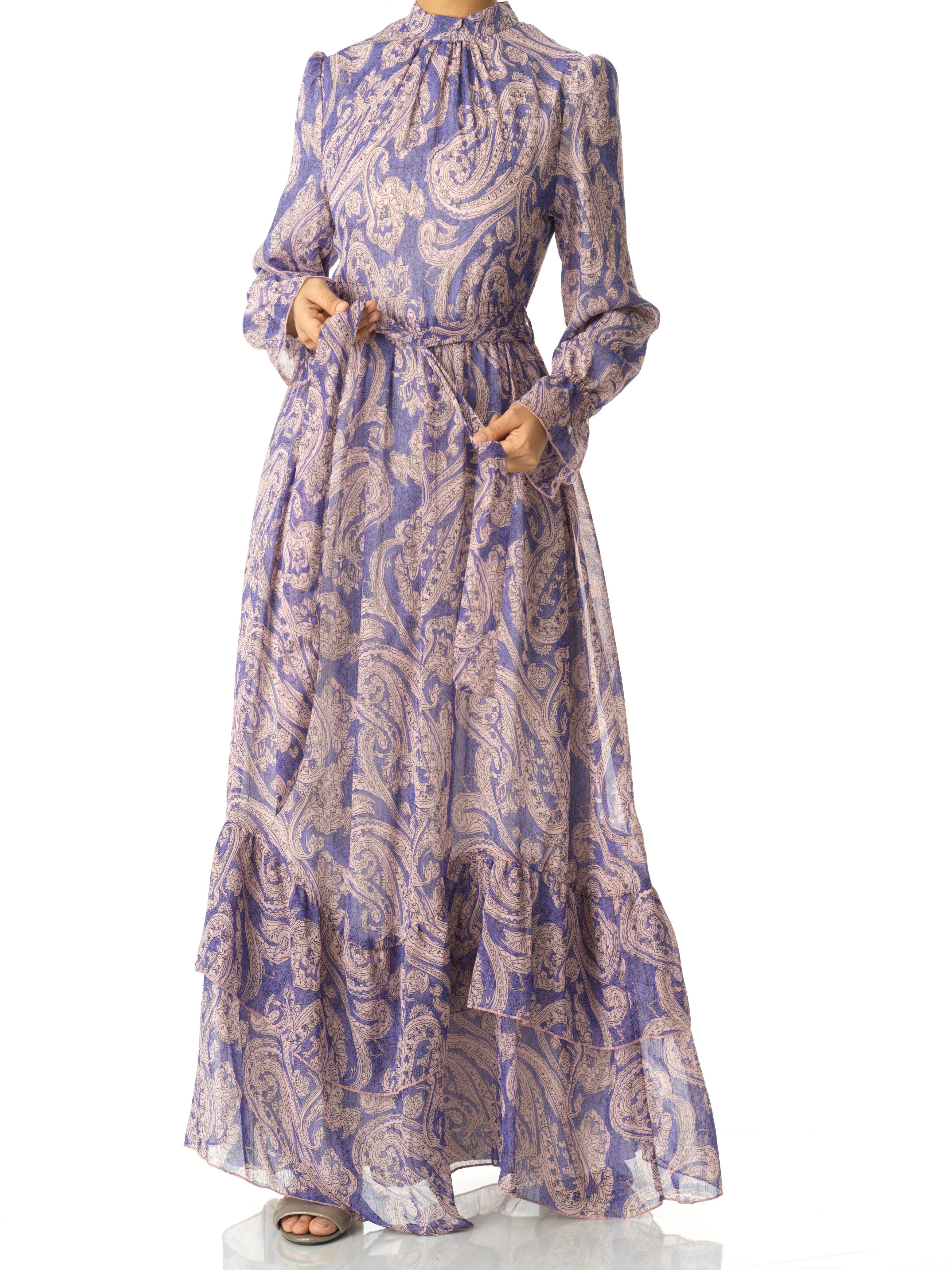 shades of lavender and paisley print modest maxi dress Kabayare