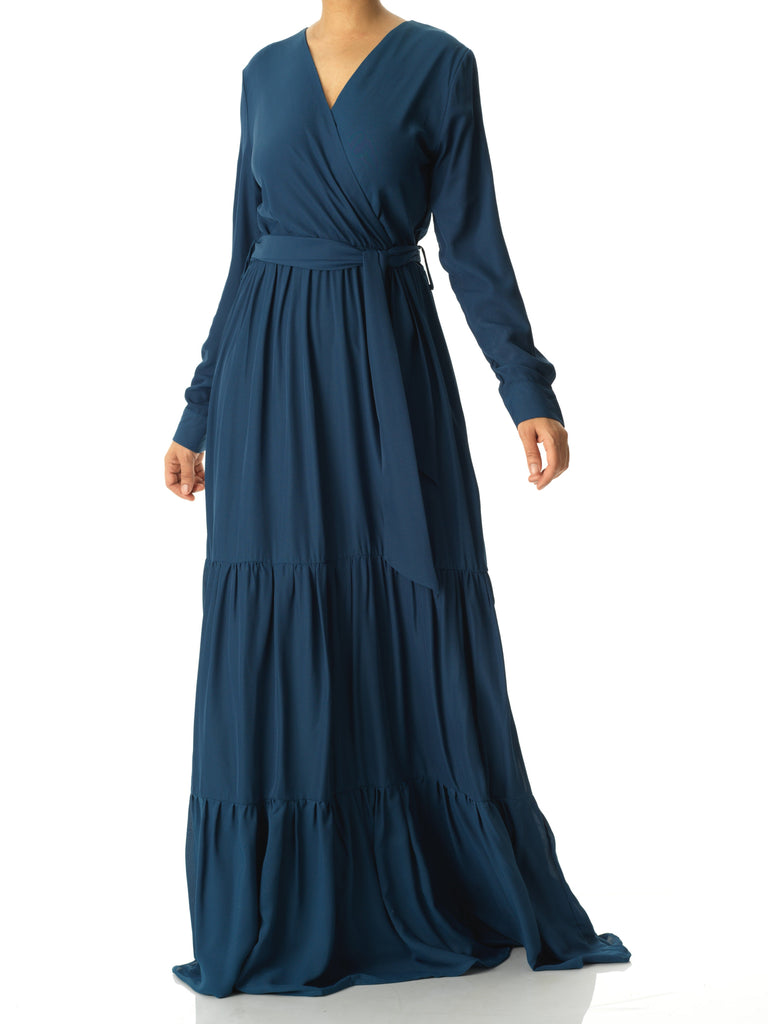 Solid V-neck chiffon tiered maxi dress Kabayare