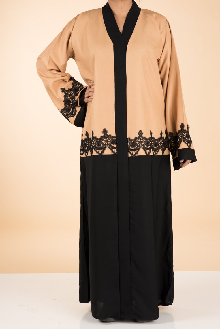 Tan color-block lace Abaya Kabayare