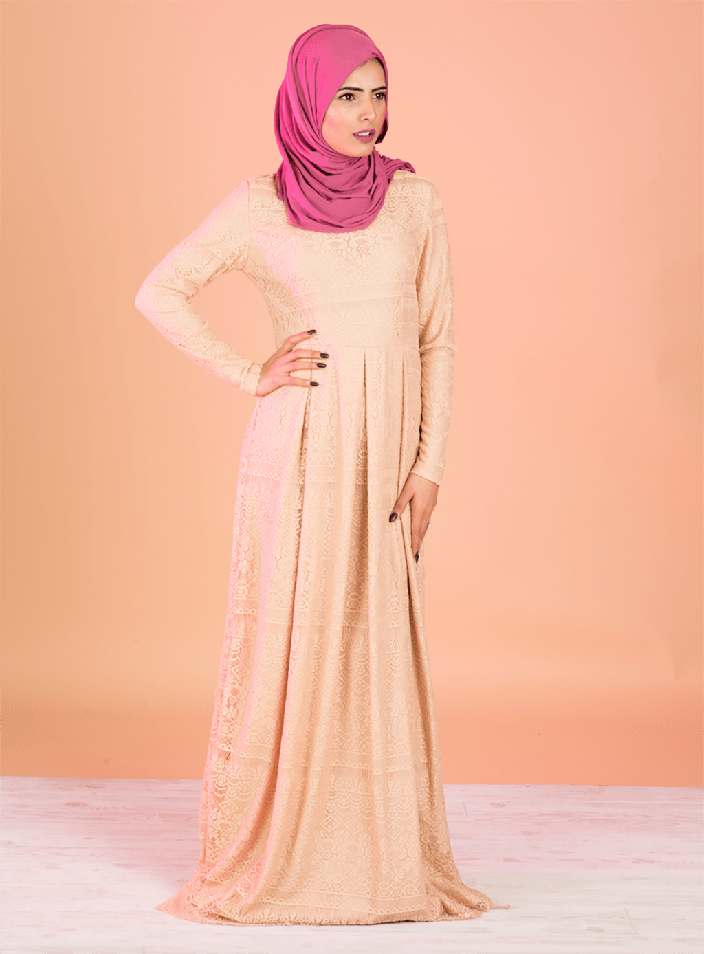 Tan eyelash pattern lace dress Kabayare
