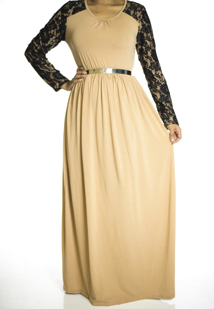 Tan Lace Sleeve maxi dress Kabayare