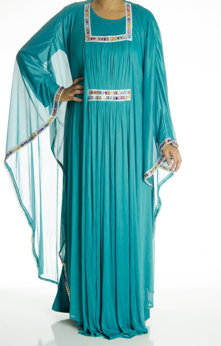 Teal Blue 2-Piece Bedazzle Kaftan Dress Kabayare