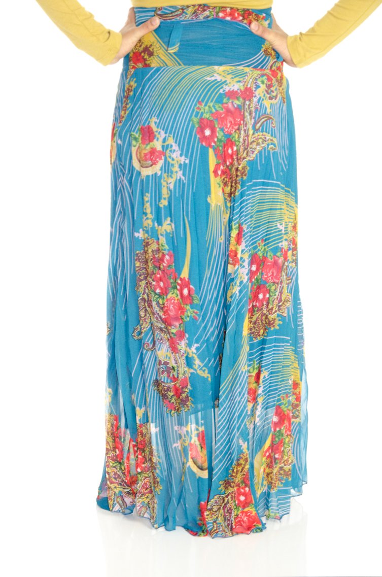 Teal Floral Pleated Maxi Skirt Kabayare
