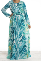 Teal Floral Waves Chiffon Dress Kabayare