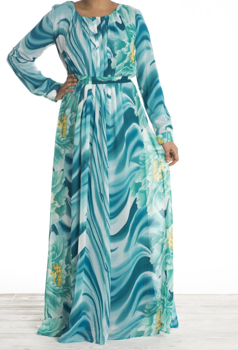Teal Floral Waves Chiffon Dress Kabayare
