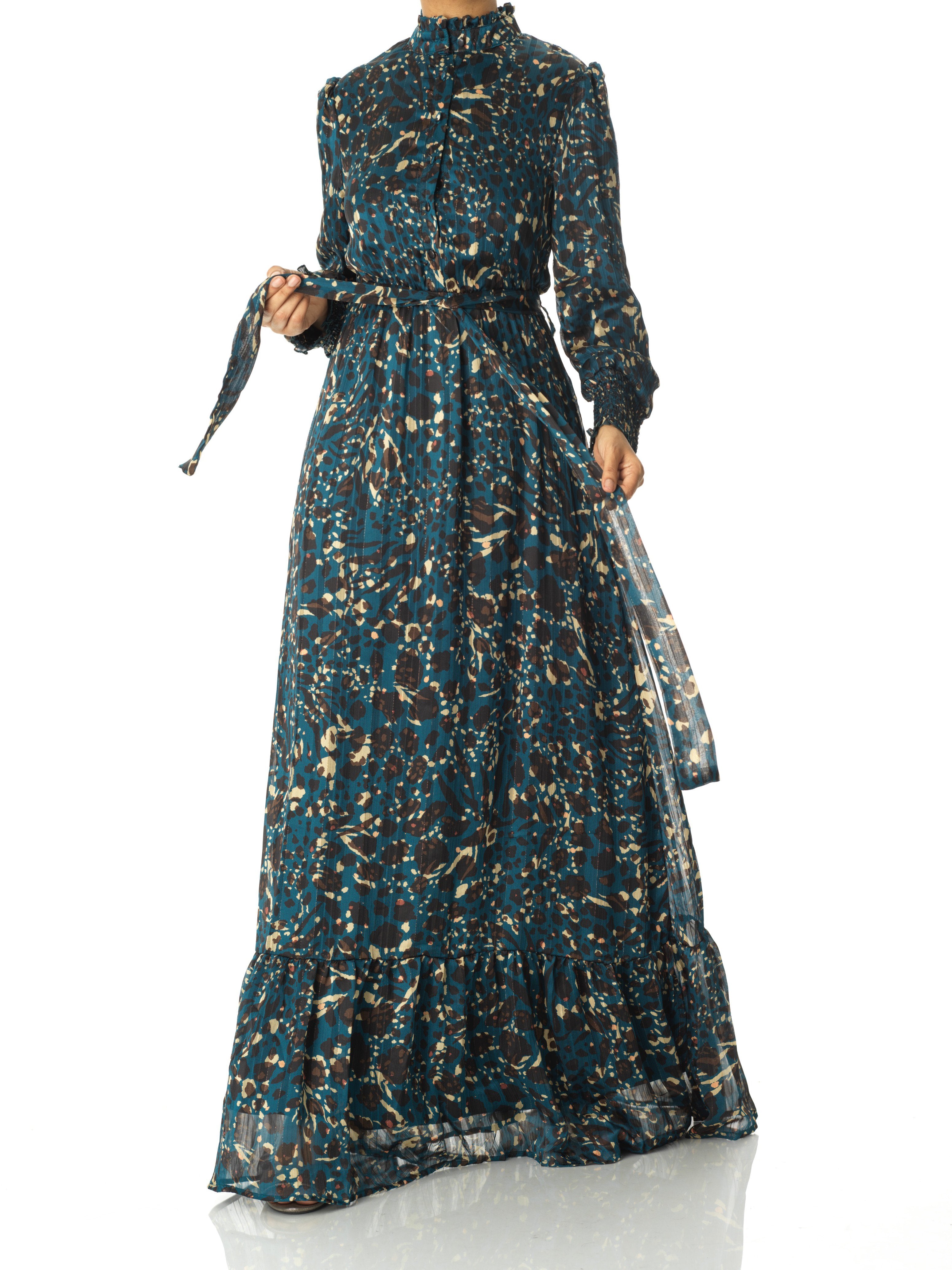 Teal Golden details leopard sleeve maxi dress Kabayare