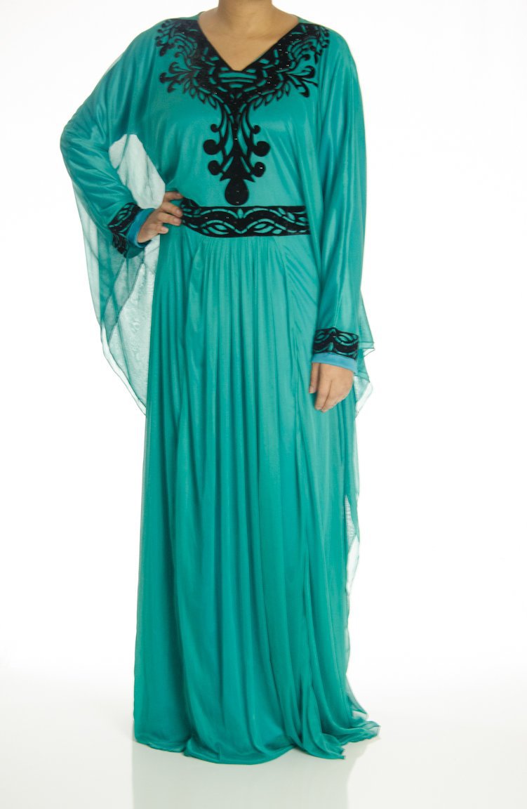 Teal Velvet Vine Kaftan Dress Kabayare