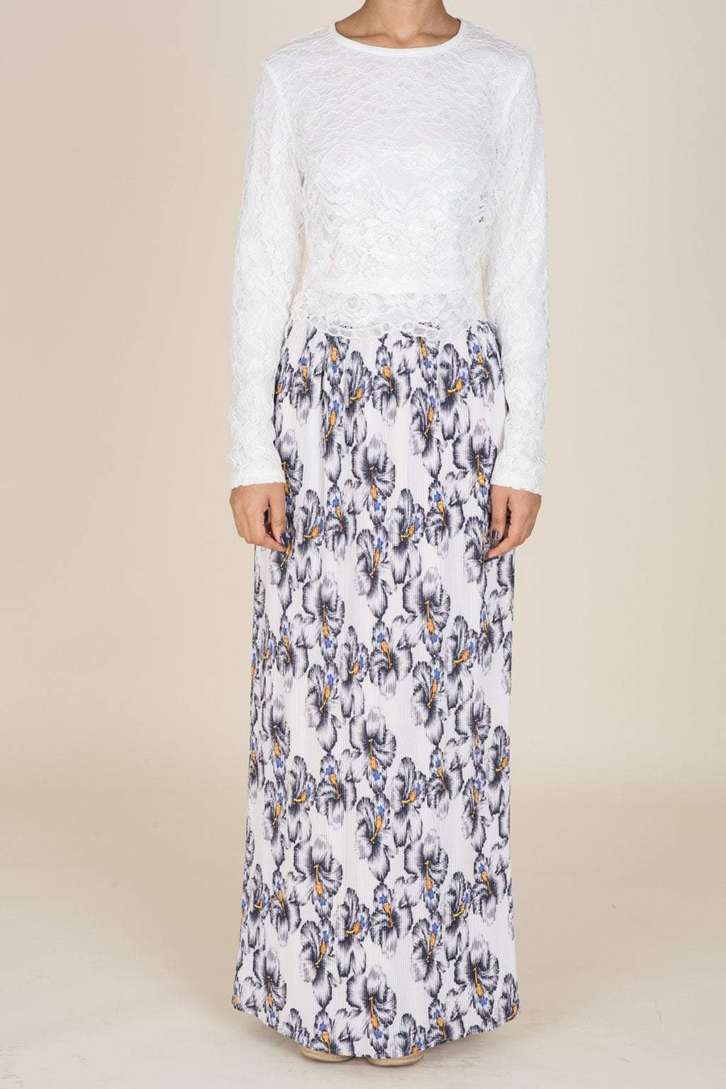 White Floral Pencil Pleated Skirt Kabayare