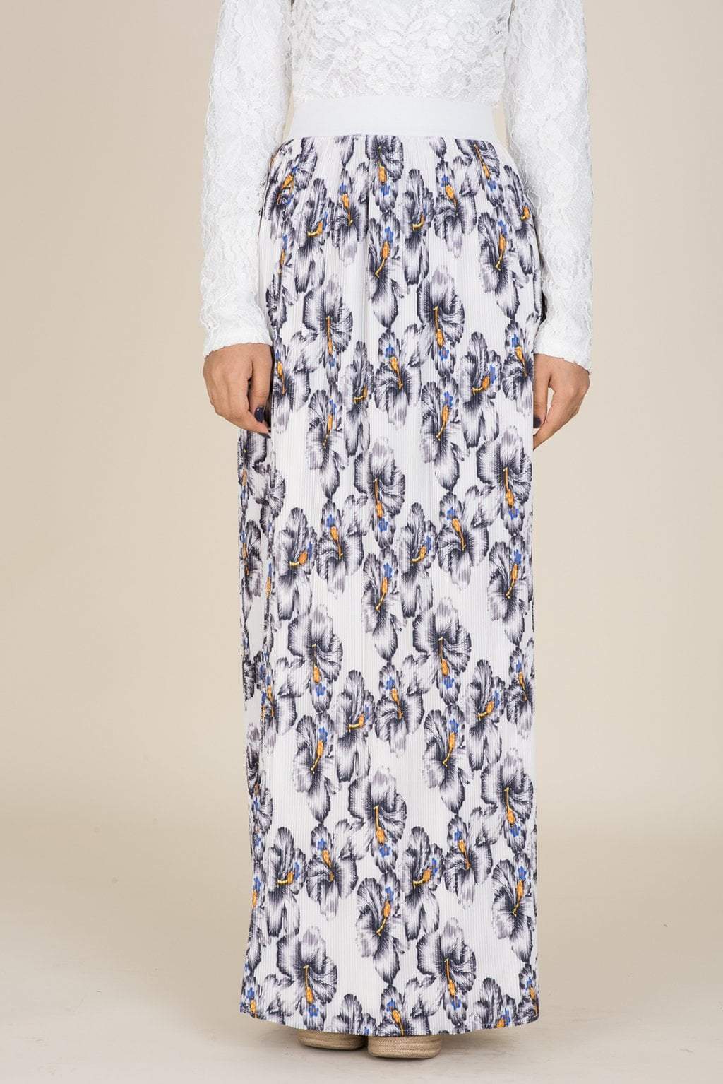 White Floral Pencil Pleated Skirt Kabayare