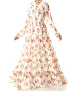 White Hibiscus floral print modest maxi dress Kabayare