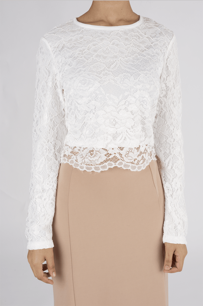 White long sleeve Lace crop Top Kabayare