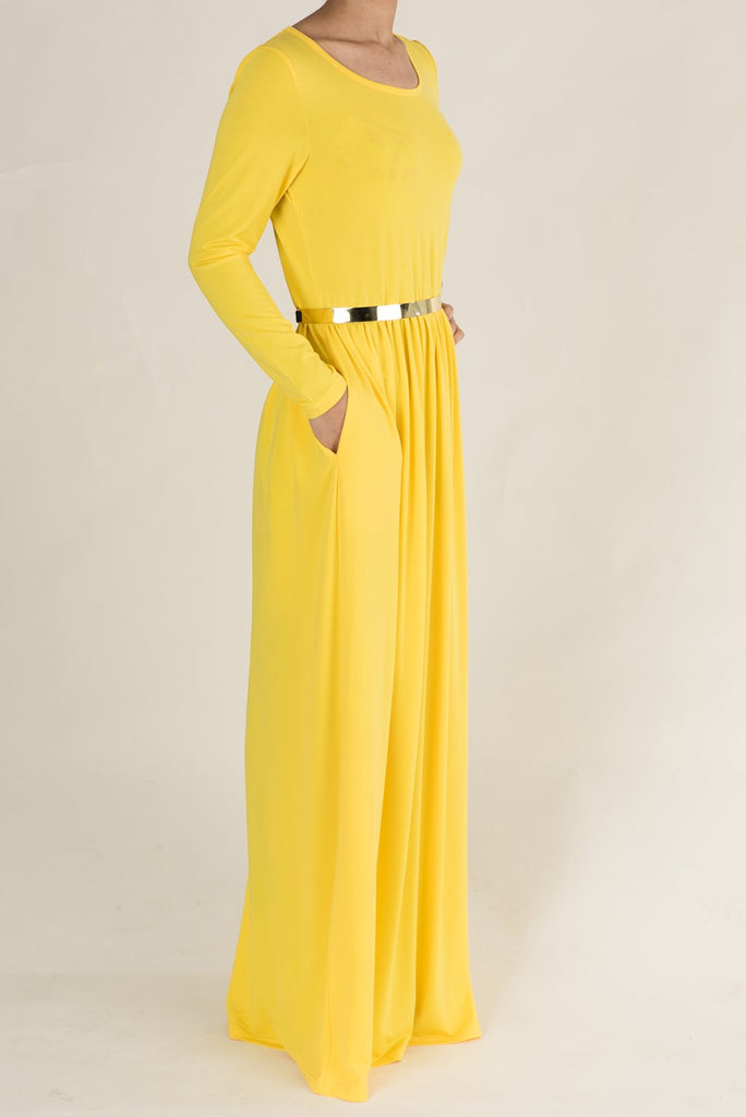 Yellow Milk Silk Maxi Dress / Pockets Kabayare